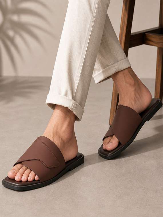 men brown slip on sandal