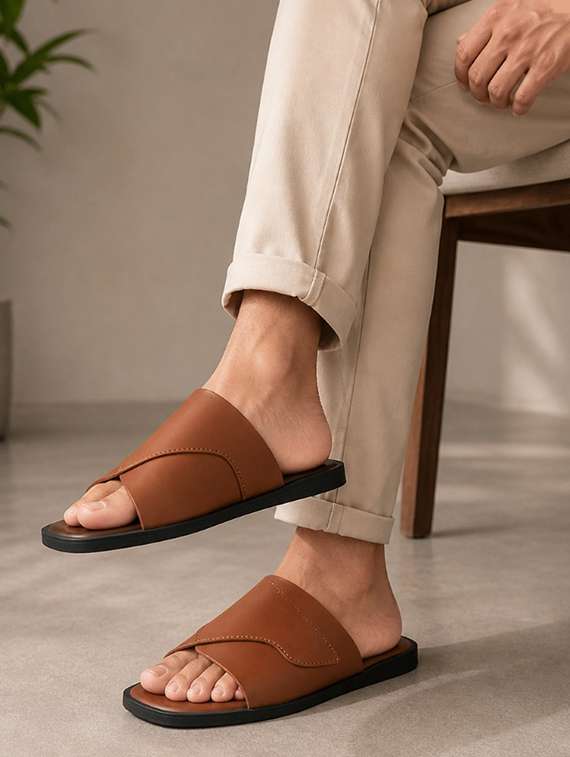 men tan slip on sandal