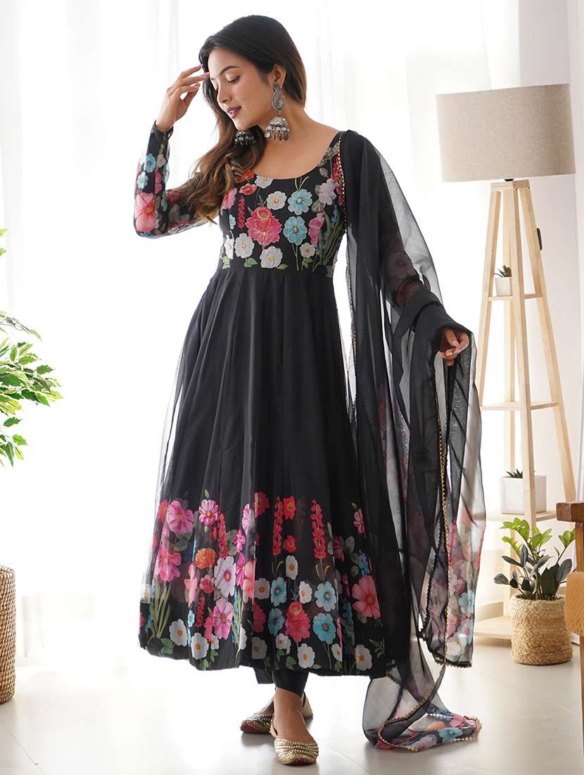 anarkali black georgette floral printed dress