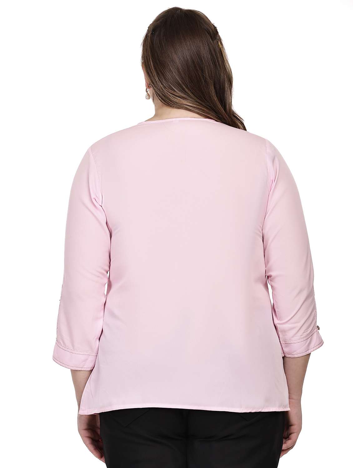 women solid notch neck three quarter sleeves top - 22502121 -  Standard Image - 3