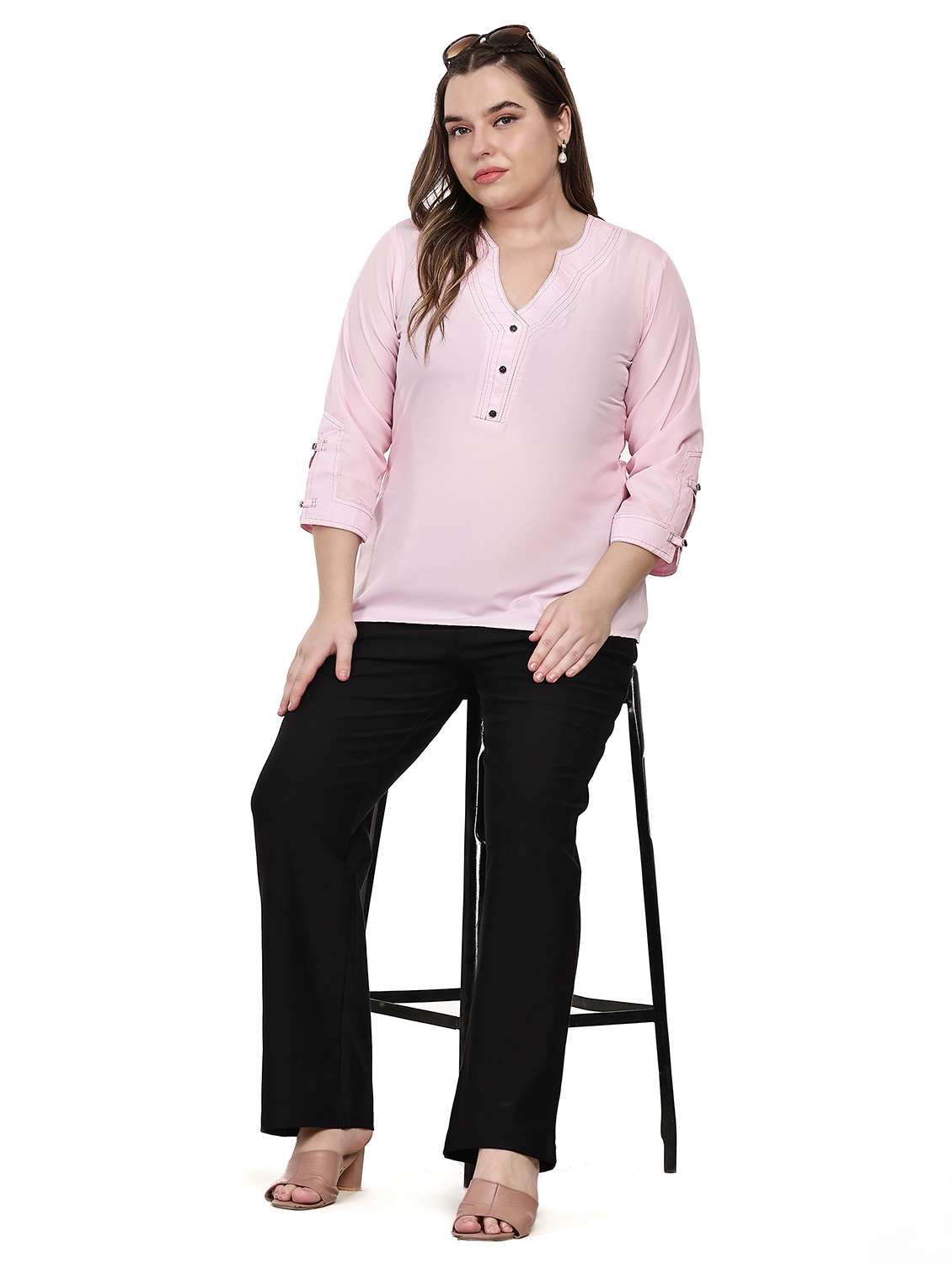 women solid notch neck three quarter sleeves top - 22502121 -  Standard Image - 5