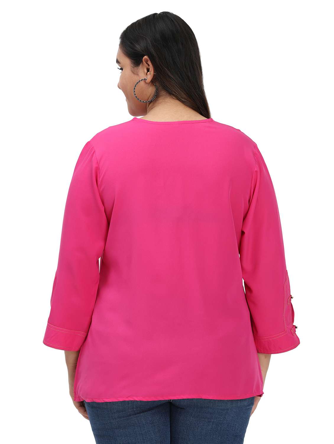 women solid notch neck three quarter sleeves top - 22502125 -  Standard Image - 3