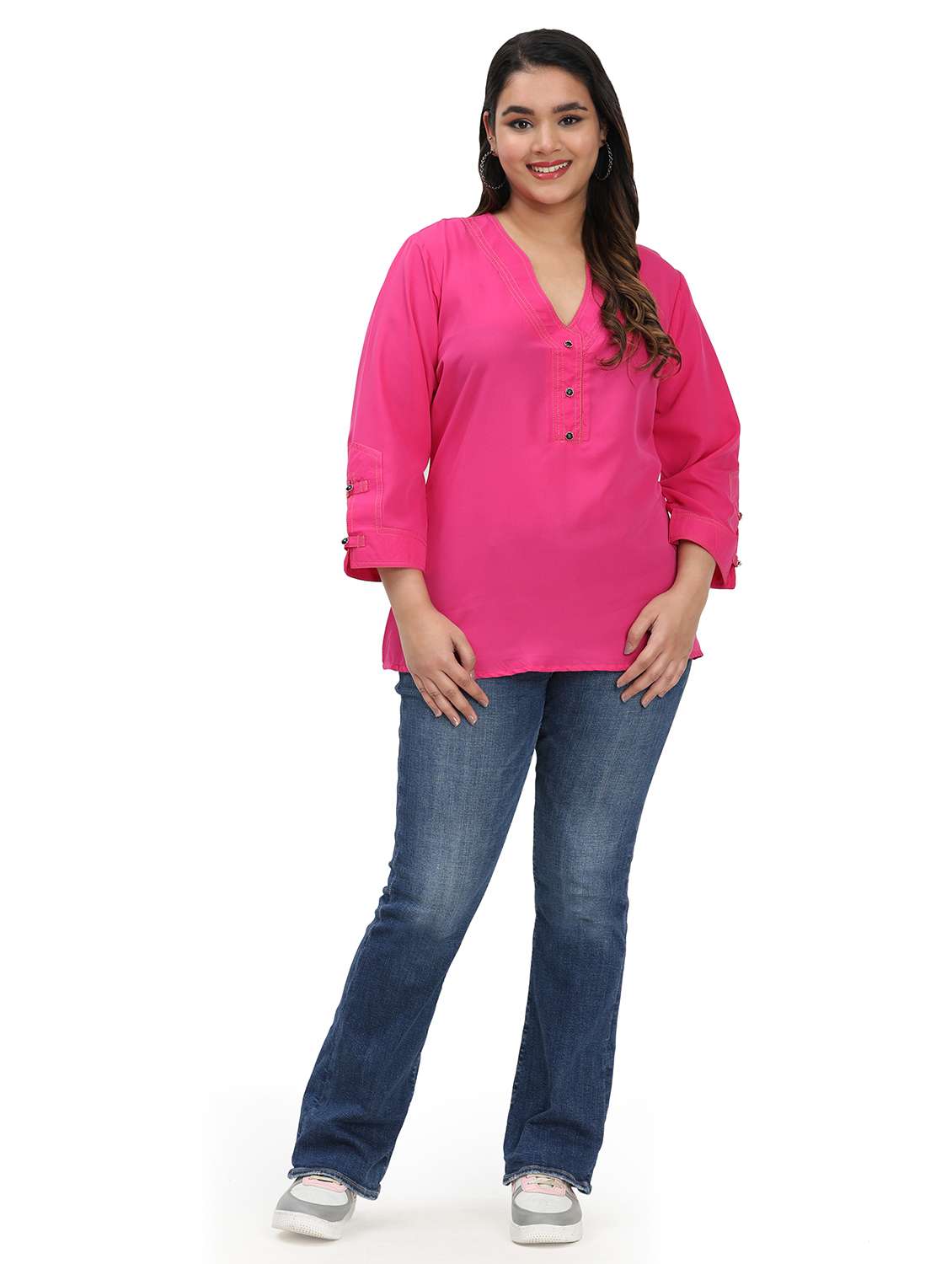 women solid notch neck three quarter sleeves top - 22502125 -  Standard Image - 5