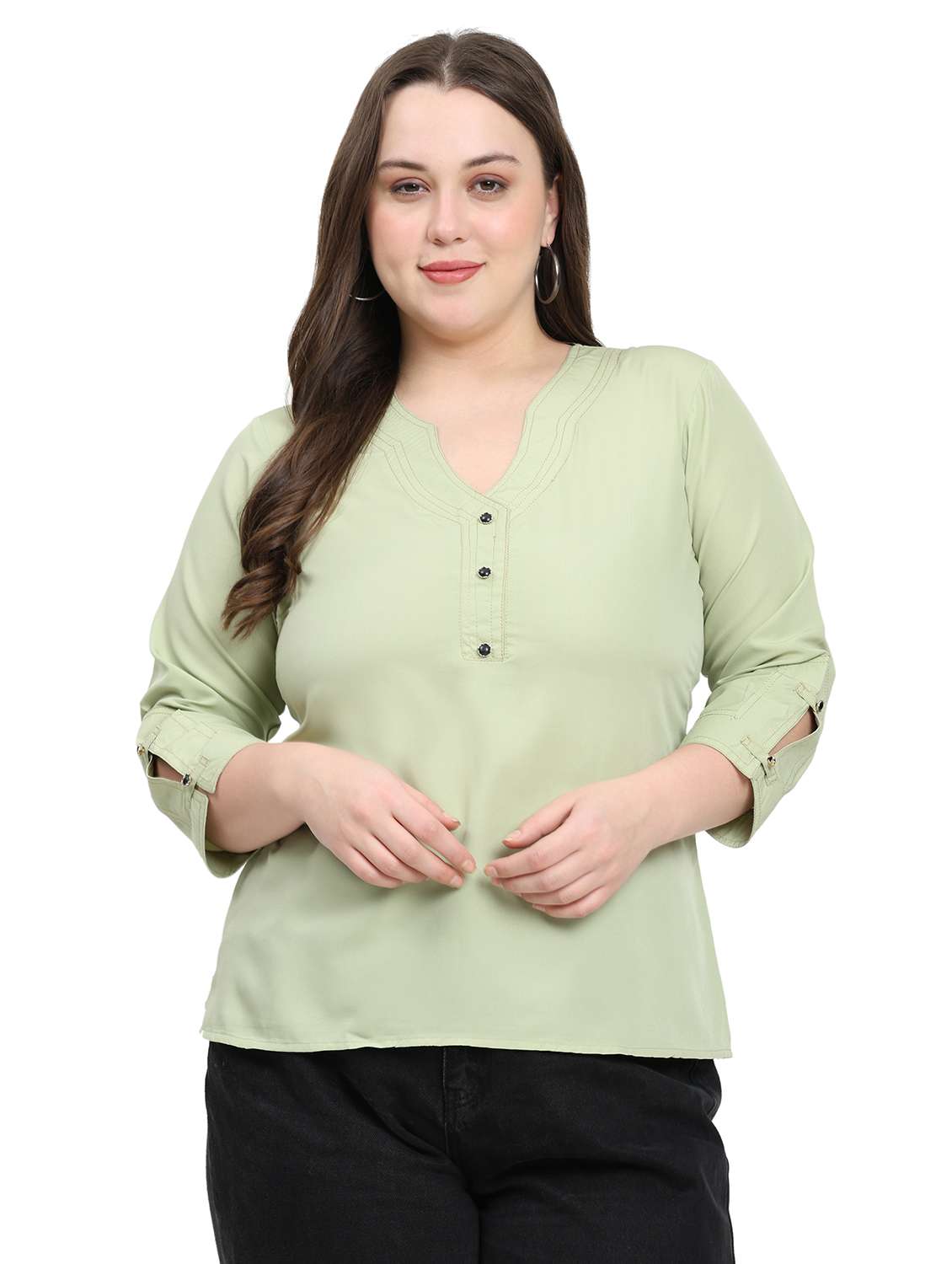 women solid notch neck three quarter sleeves top