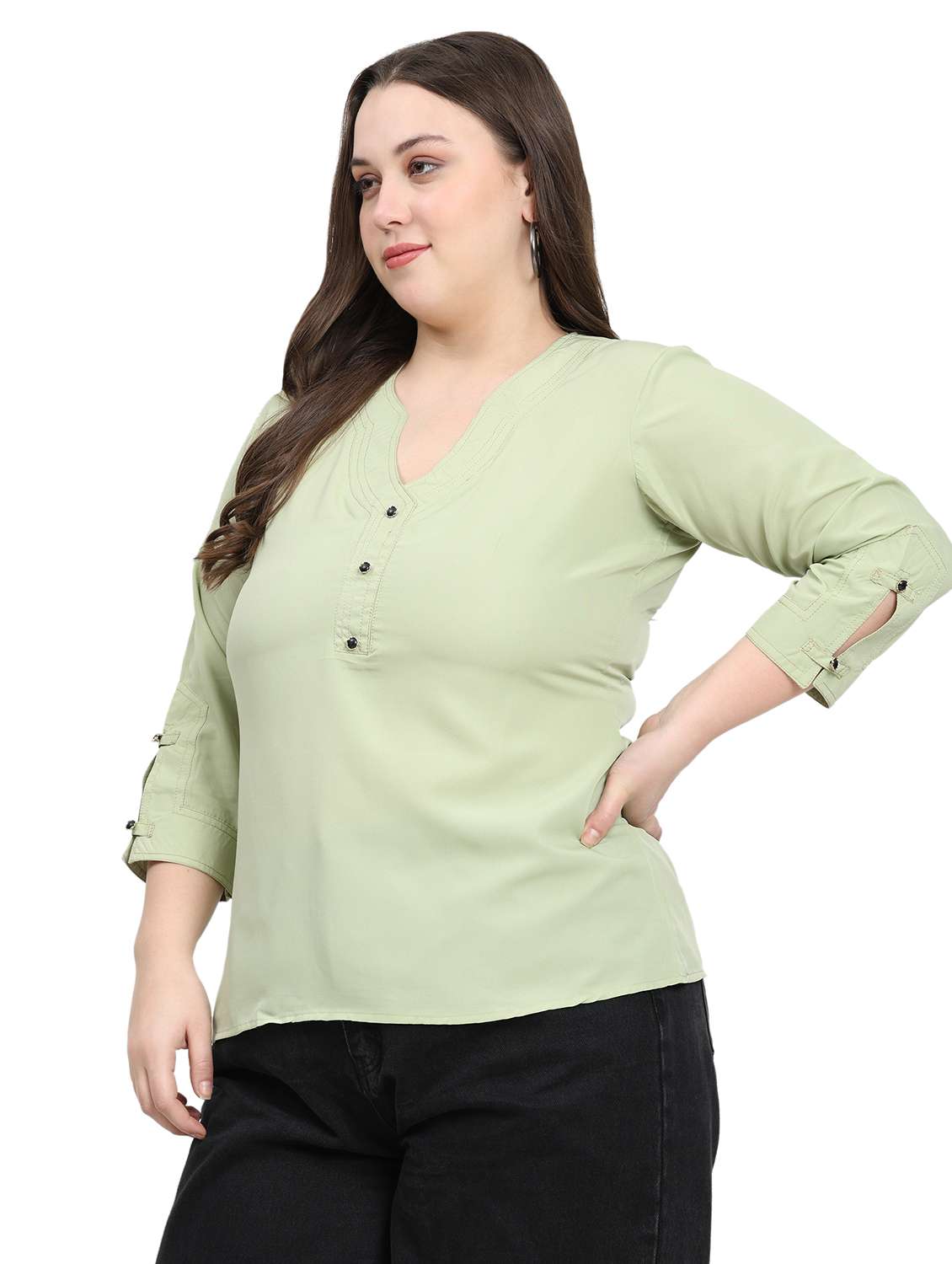 women solid notch neck three quarter sleeves top - 22502126 -  Standard Image - 3