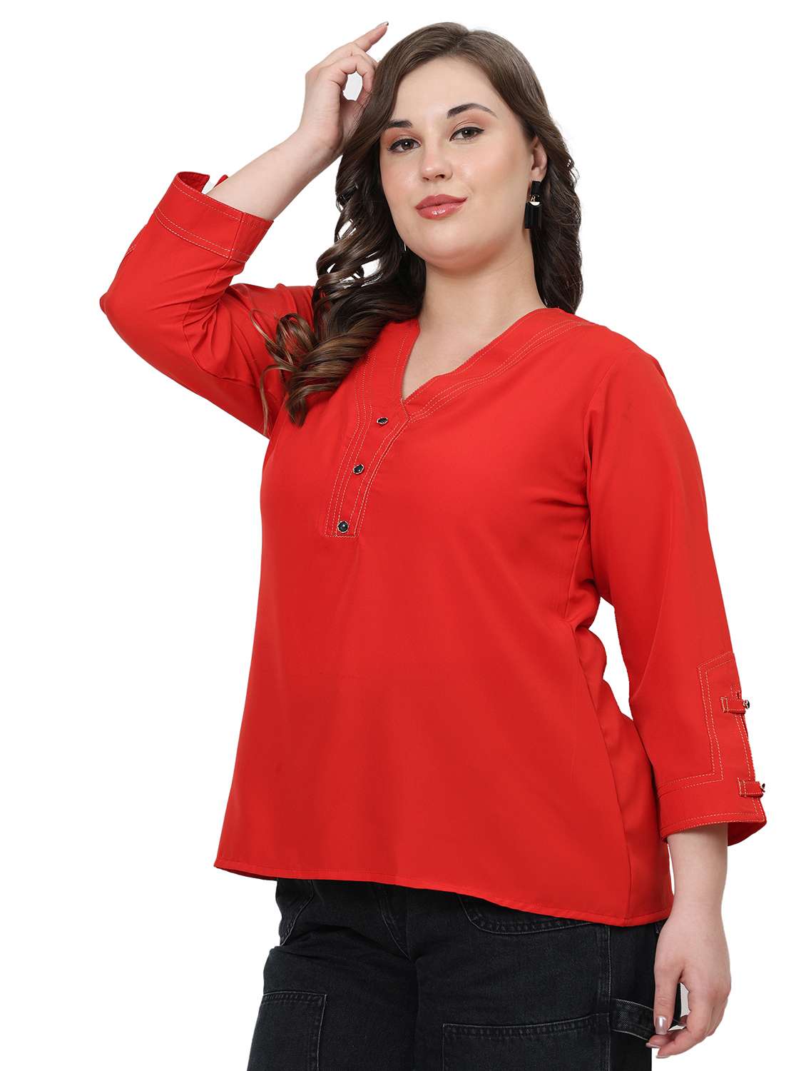 Women Solid Notch Neck Three Quarter Sleeves Top - 22502128 -  Standard Image - 3