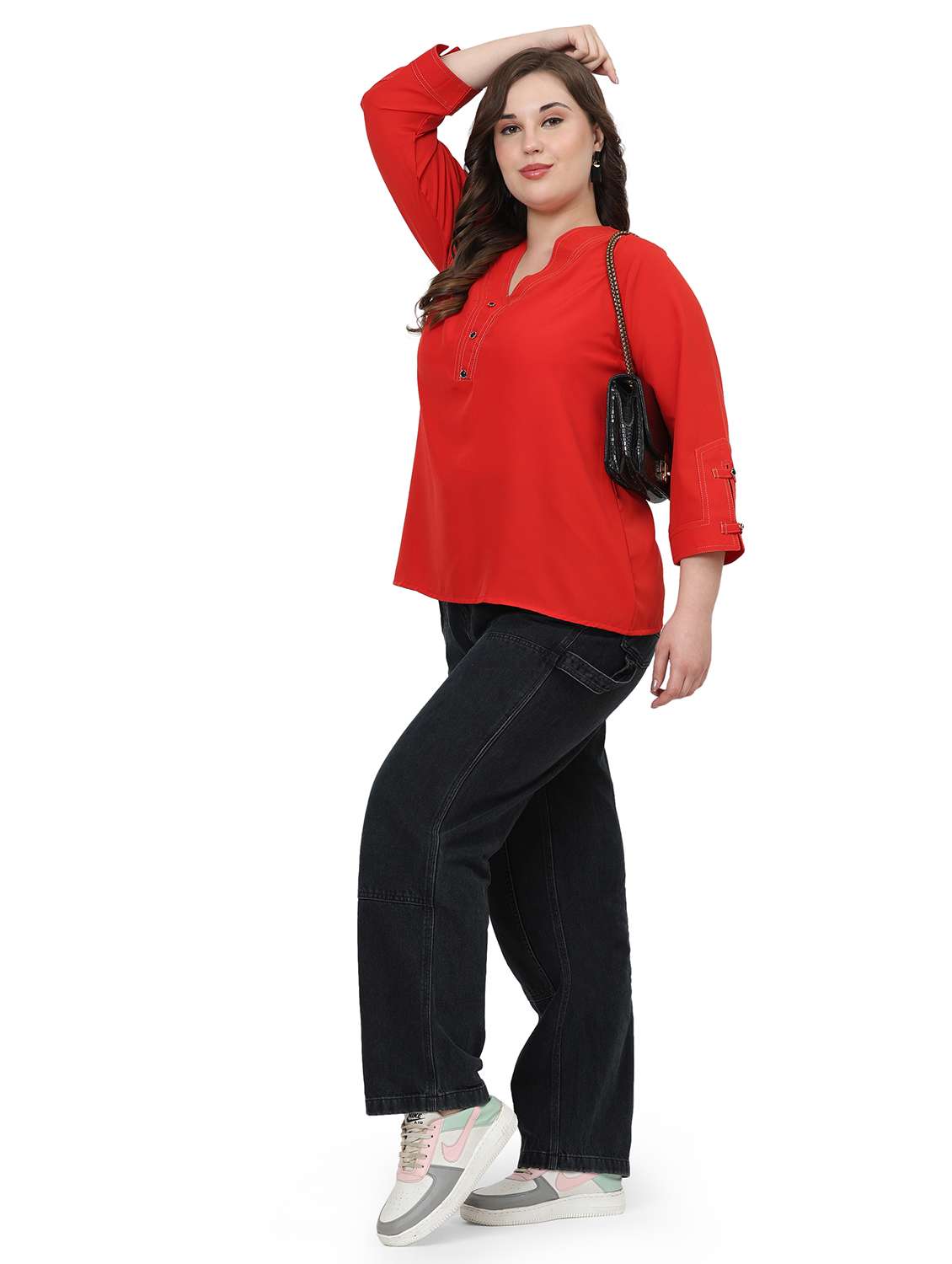 Women Solid Notch Neck Three Quarter Sleeves Top - 22502128 -  Standard Image - 5