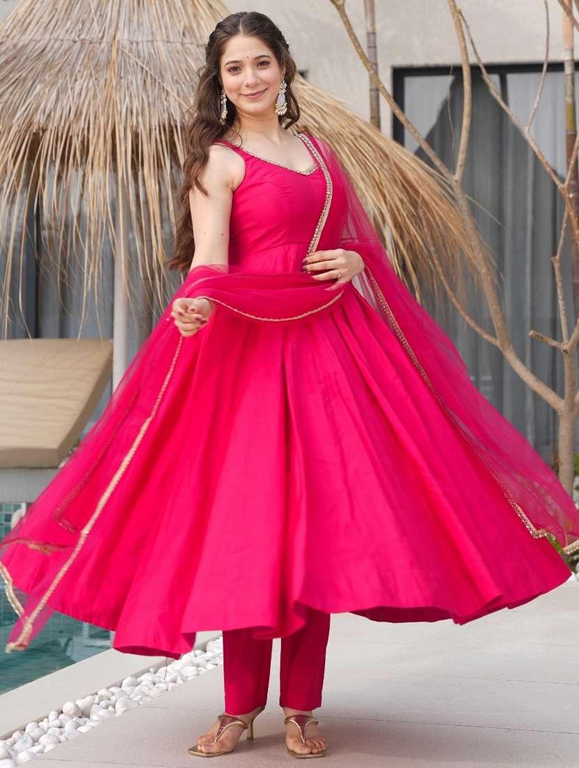 women solid sleeveless anarkali suit set - 22502147 -  Standard Image - 5