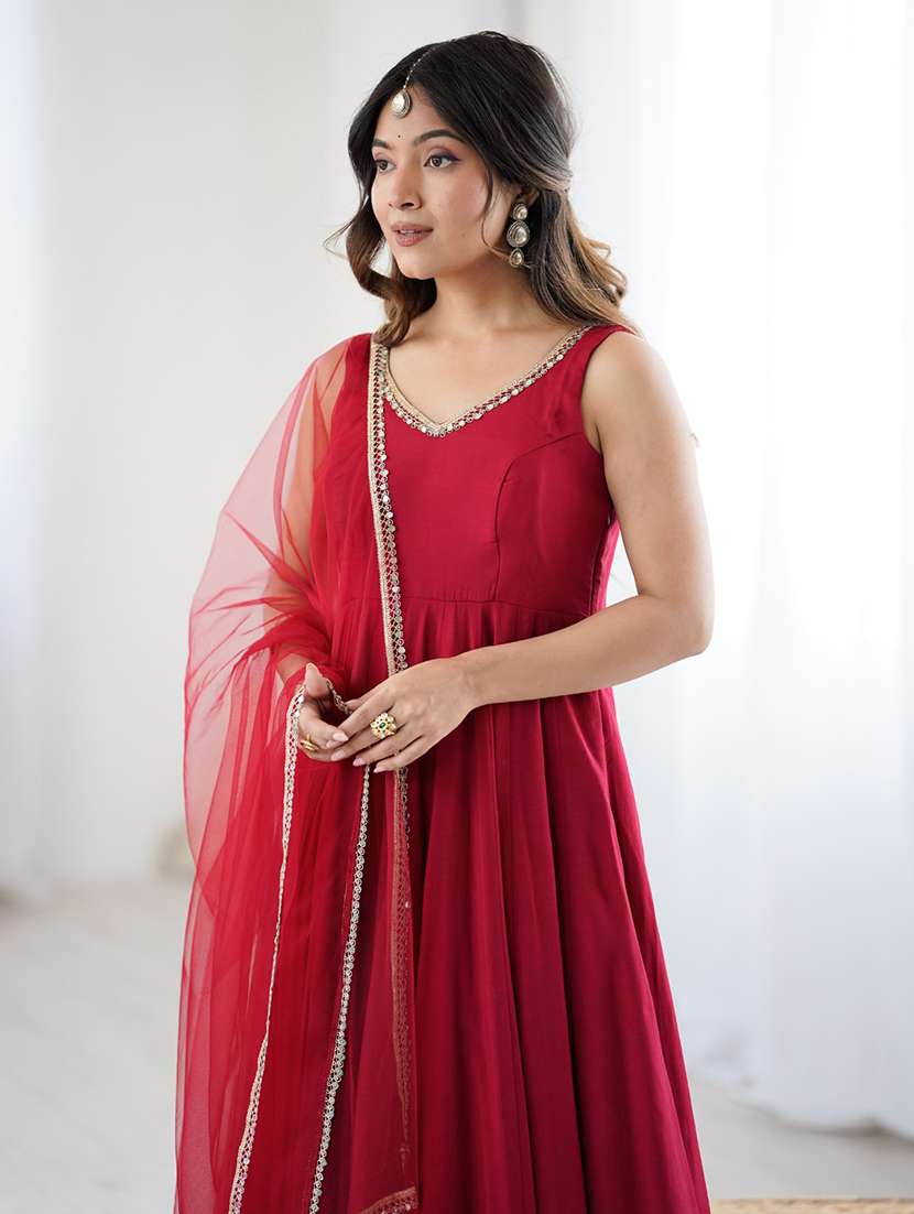 women solid sleeveless anarkali suit set - 22502148 -  Standard Image - 5
