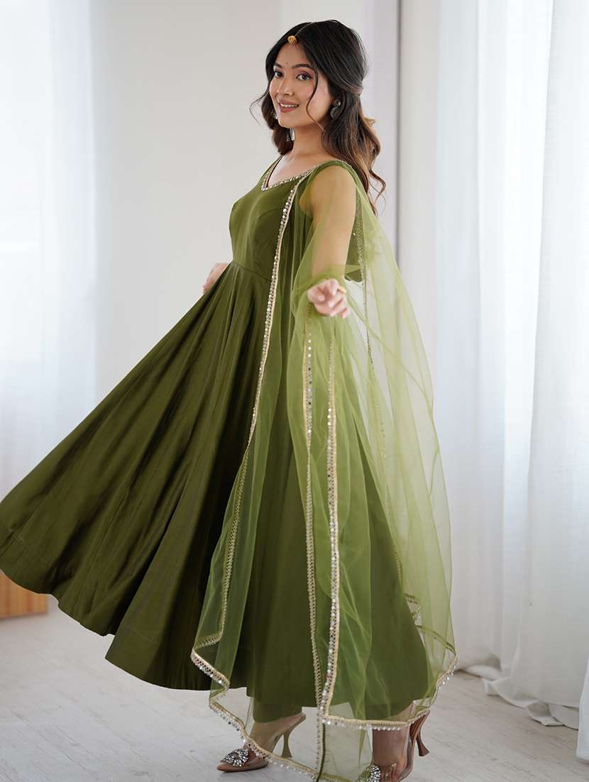 green silk anarkali suit with dupatta and pants - 22502149 -  Standard Image - 3