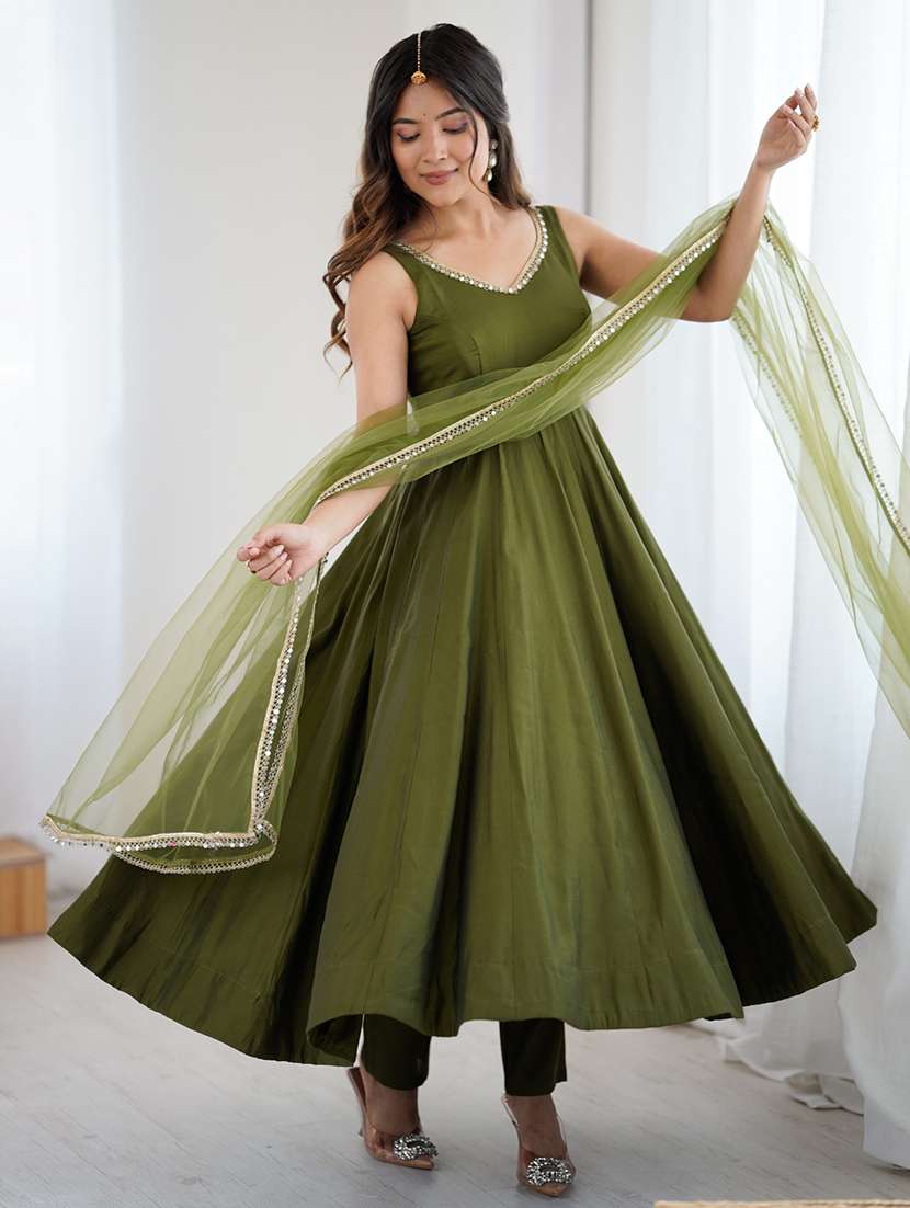 green silk anarkali suit with dupatta and pants - 22502149 -  Standard Image - 5