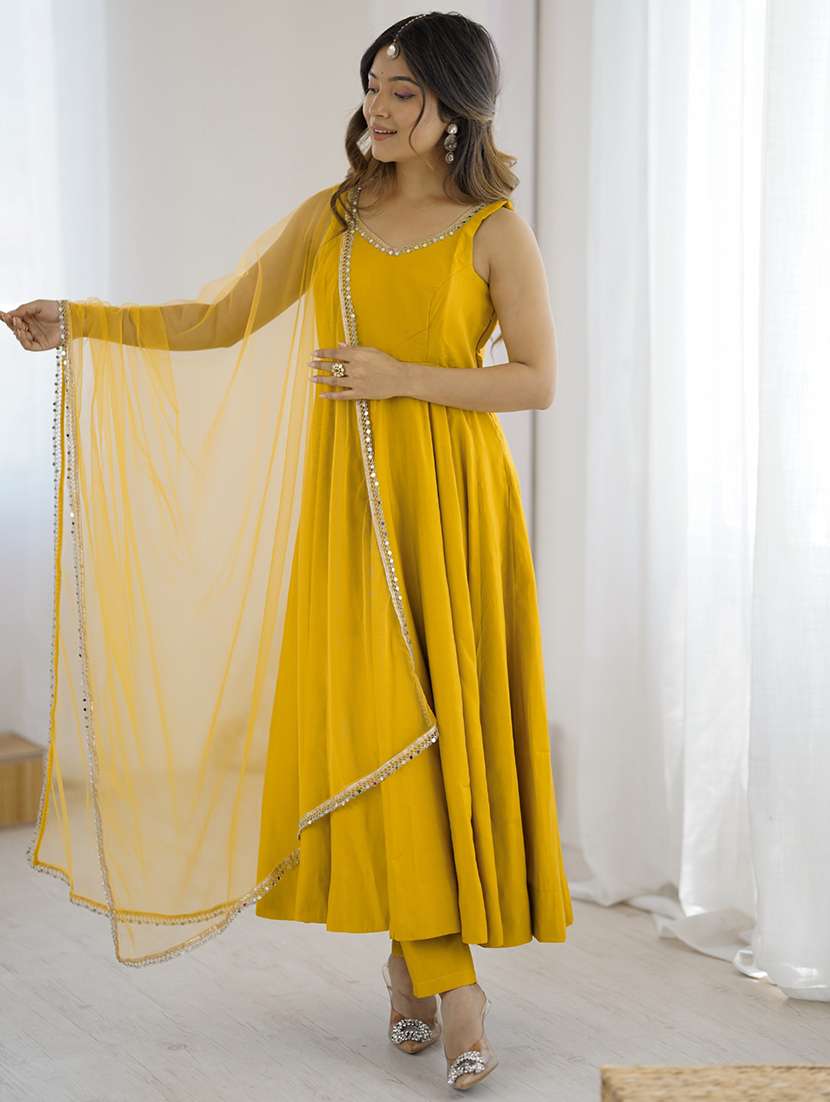 women solid sleeveless anarkali suit set