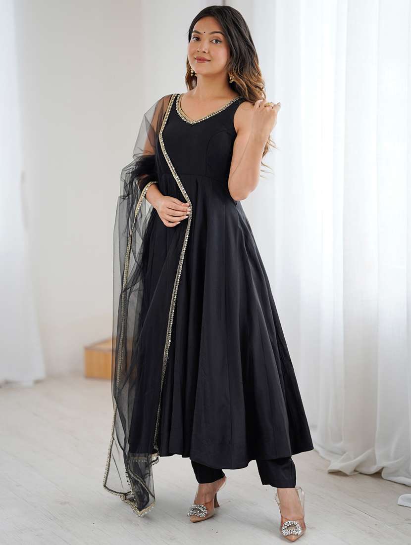 women solid sleeveless anarkali suit set