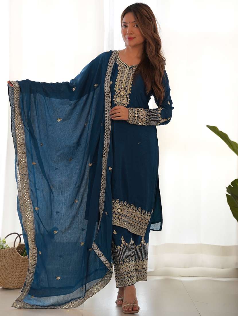 women embroidered long sleeves kurta and pant suit set