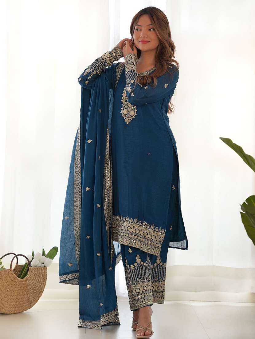 women embroidered long sleeves kurta and pant suit set - 22502159 -  Standard Image - 3