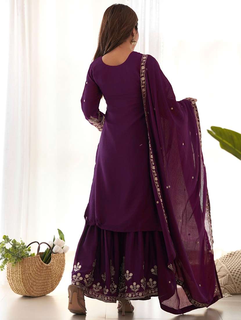 women embroidered round neck kurta and sharara suit set - 22502160 -  Standard Image - 3