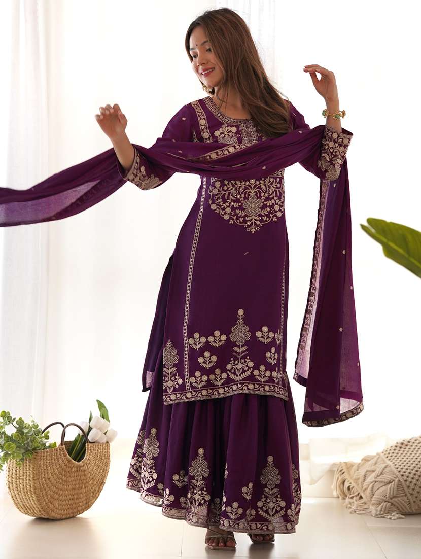 women embroidered round neck kurta and sharara suit set - 22502160 -  Standard Image - 5
