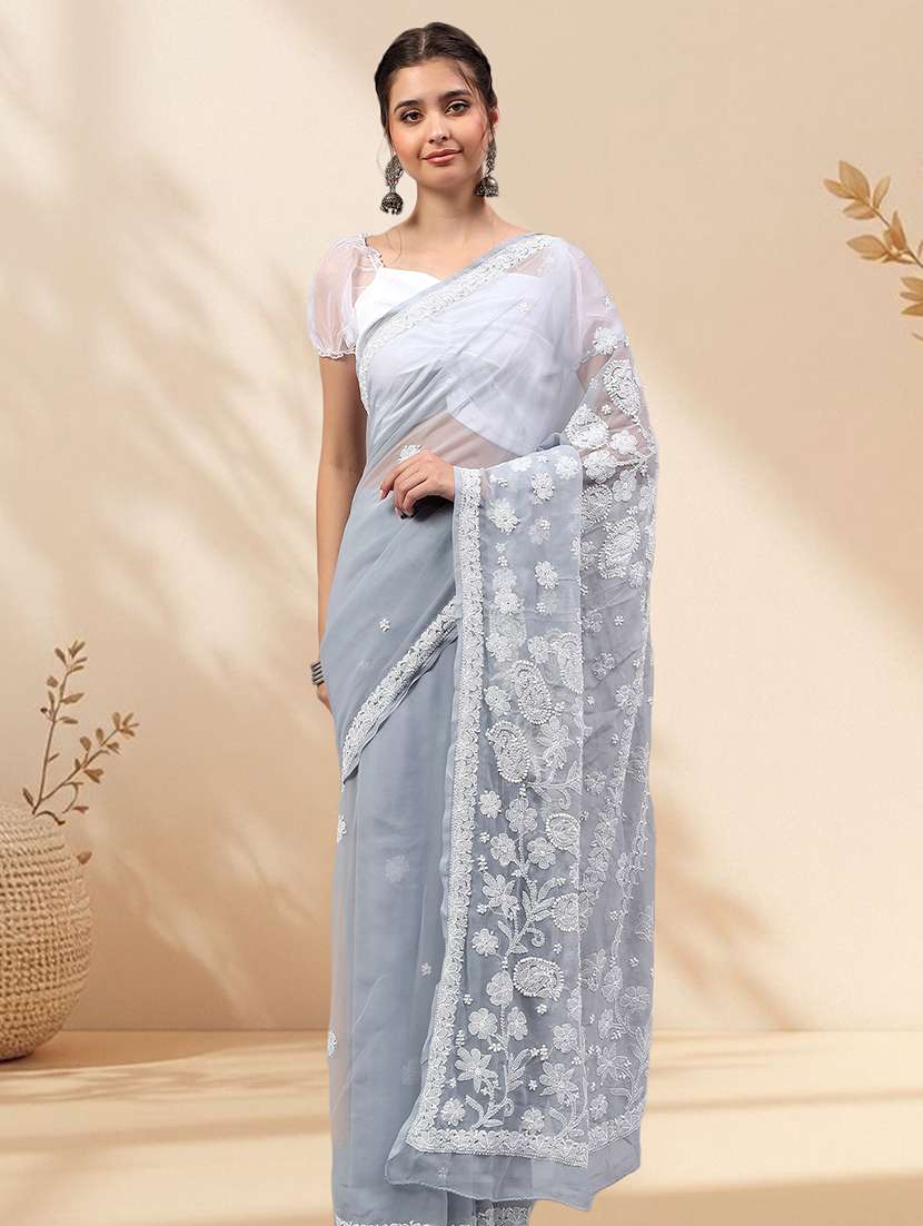 women solid with work chikankari saree with blouse