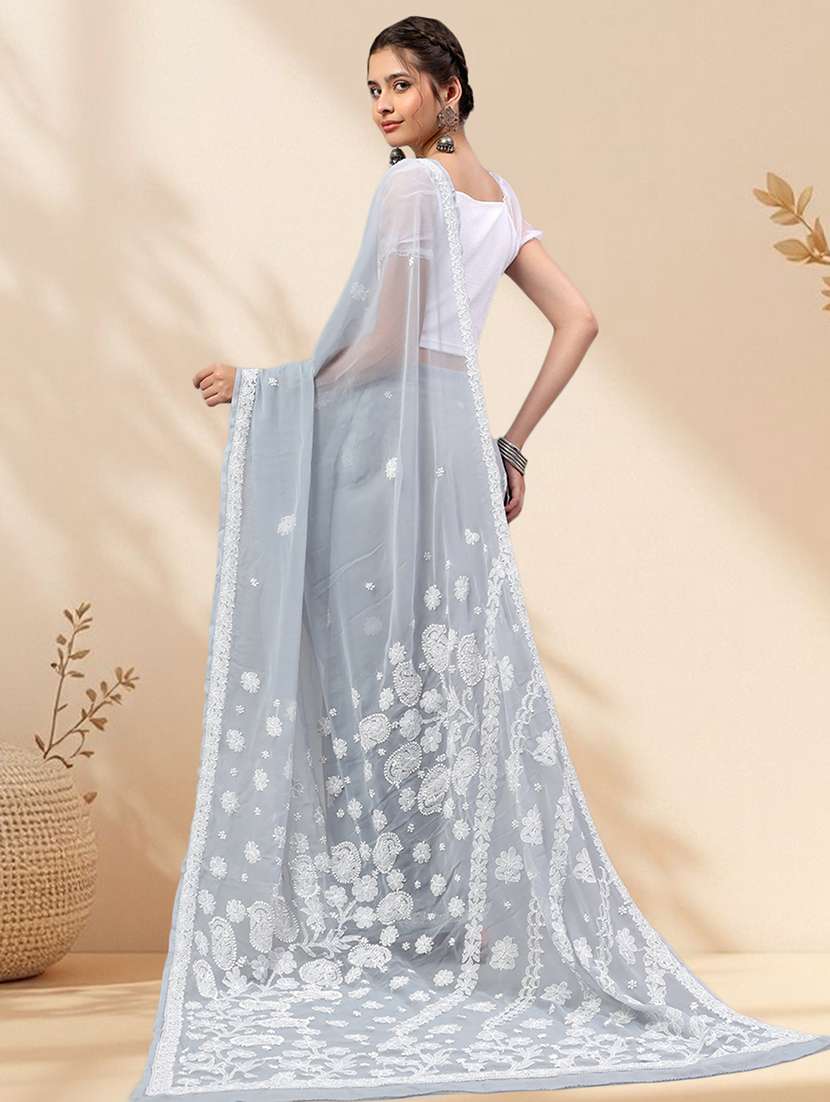 women solid with work chikankari saree with blouse - 22502260 -  Standard Image - 3
