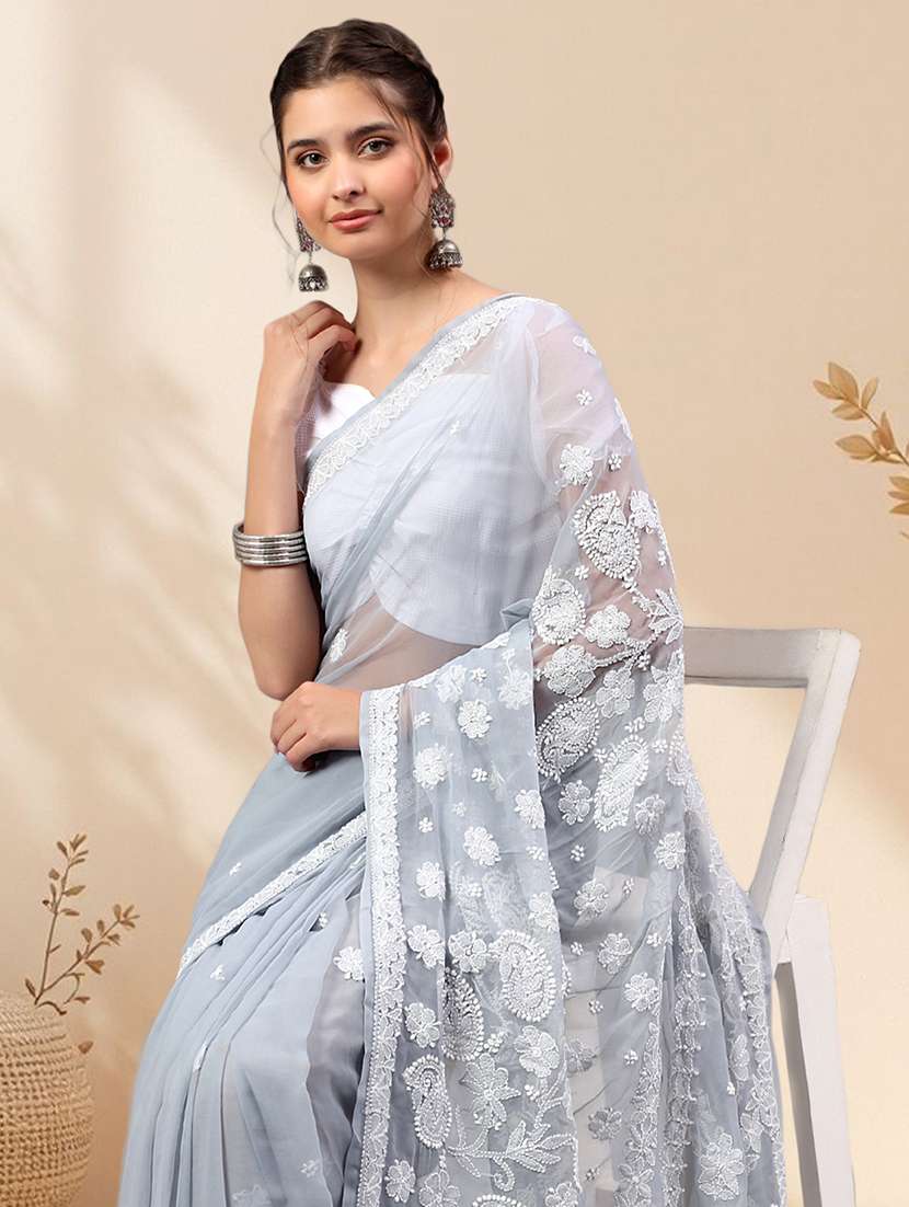 women solid with work chikankari saree with blouse - 22502260 -  Standard Image - 5