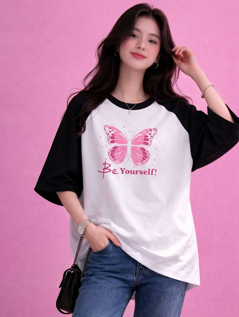 women printed raglan sleeve oversized t-shirt