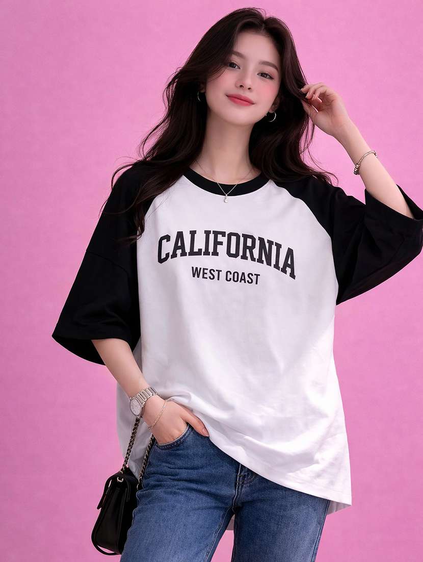 women printed raglan sleeve oversized t-shirt