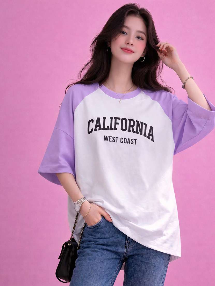 women printed raglan sleeve oversized t-shirt