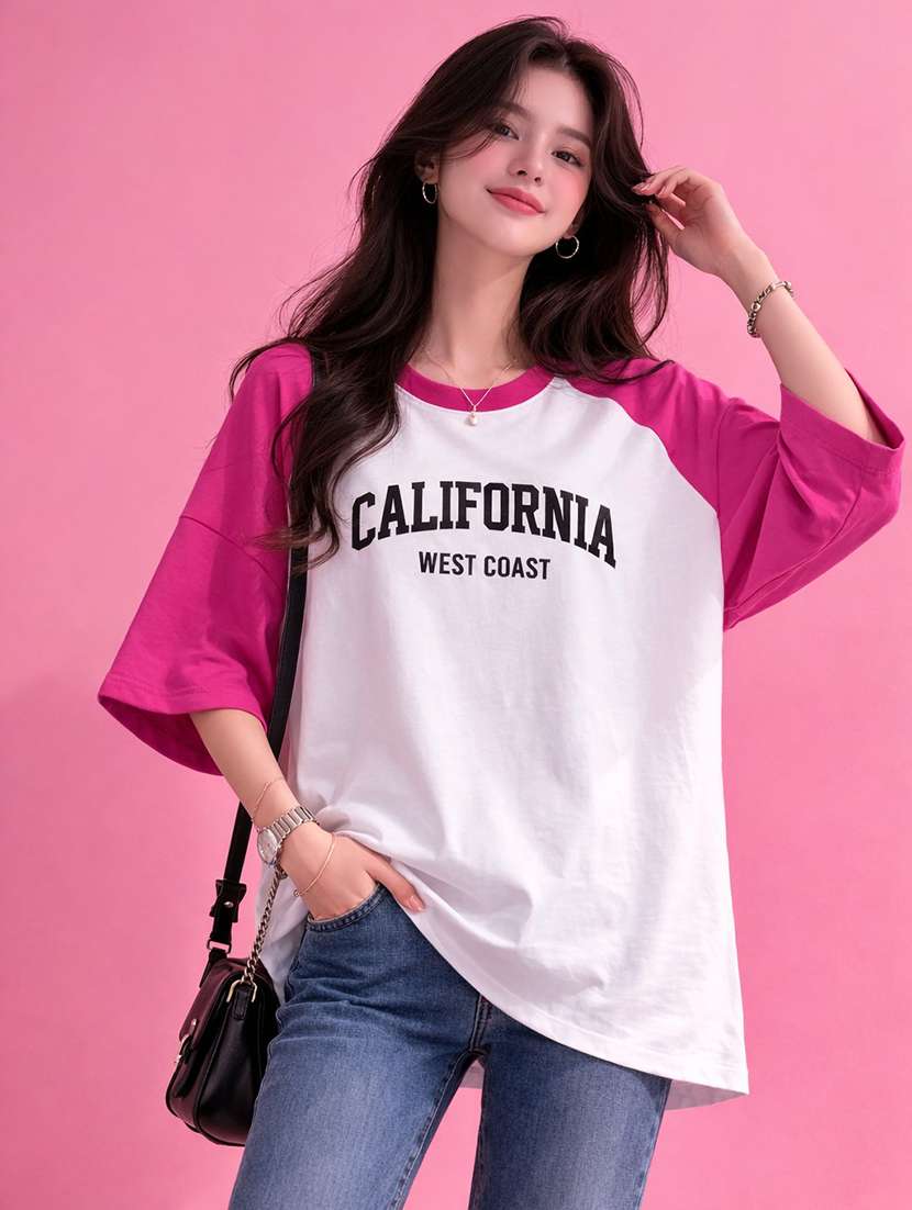 women printed raglan sleeve oversized t-shirt