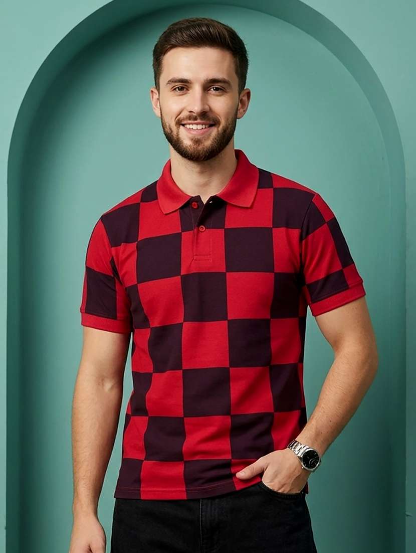 men checkered short sleeve regular fit polo t-shirt