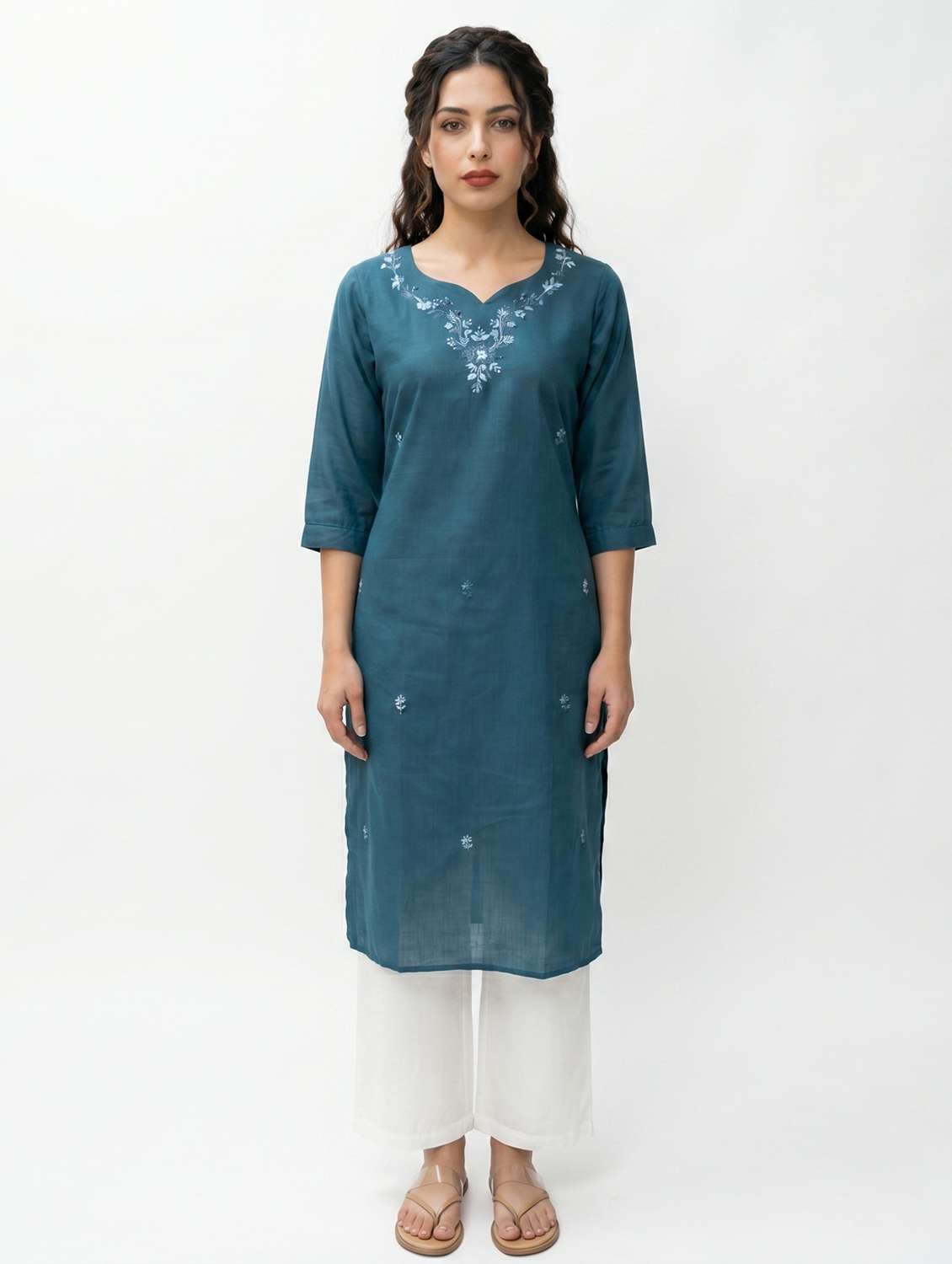 women solid with work three quarter sleeve straight kurta