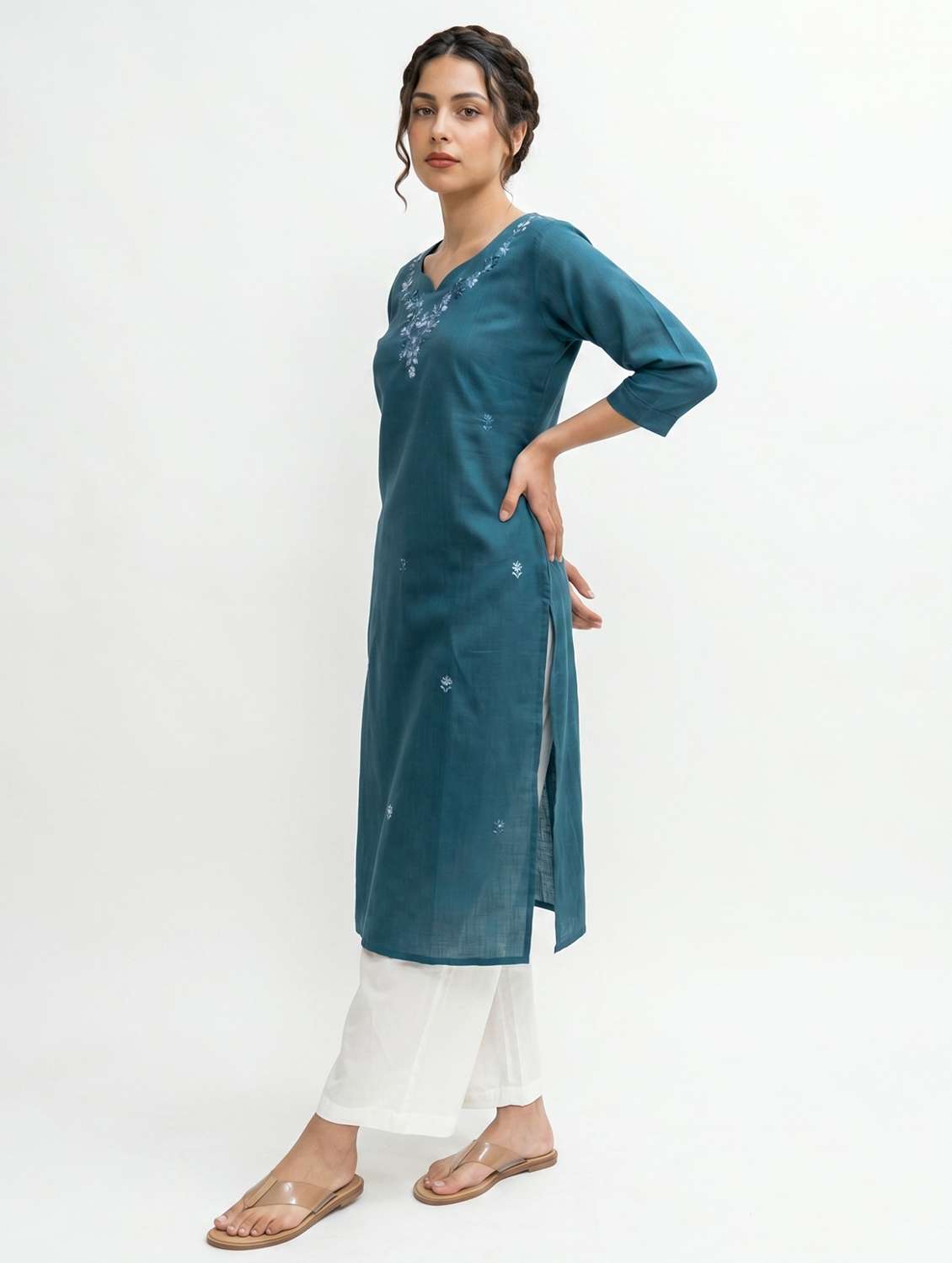 women solid with work three quarter sleeve straight kurta - 22502425 -  Standard Image - 3