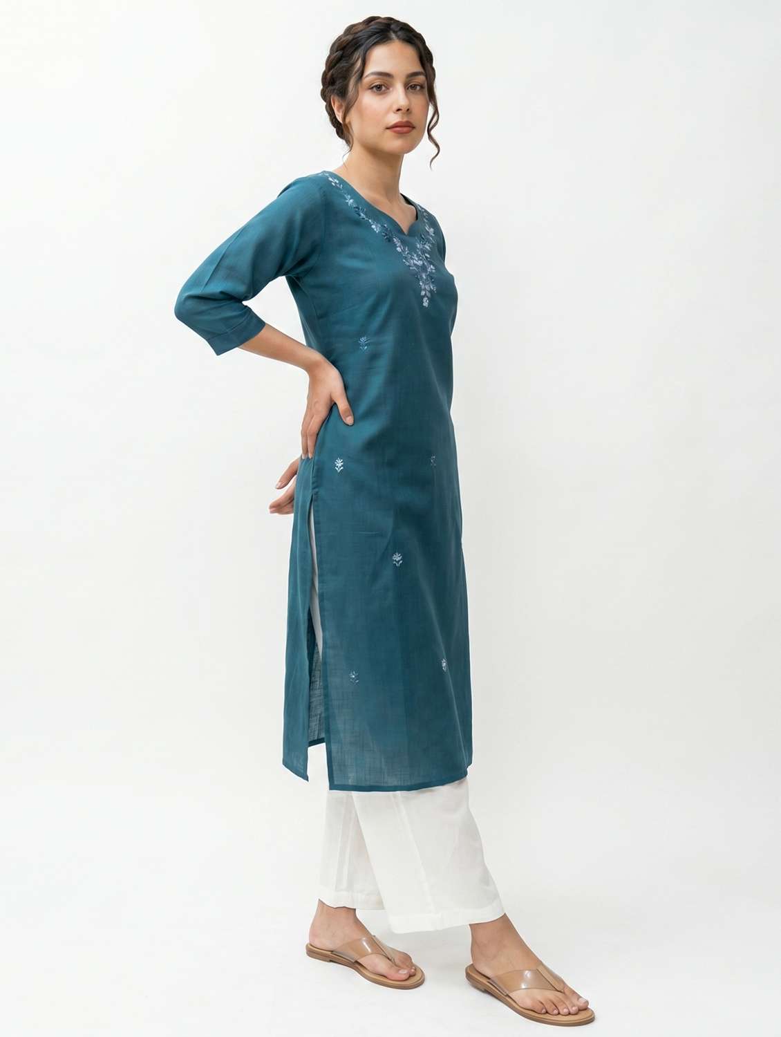 women solid with work three quarter sleeve straight kurta - 22502425 -  Standard Image - 5