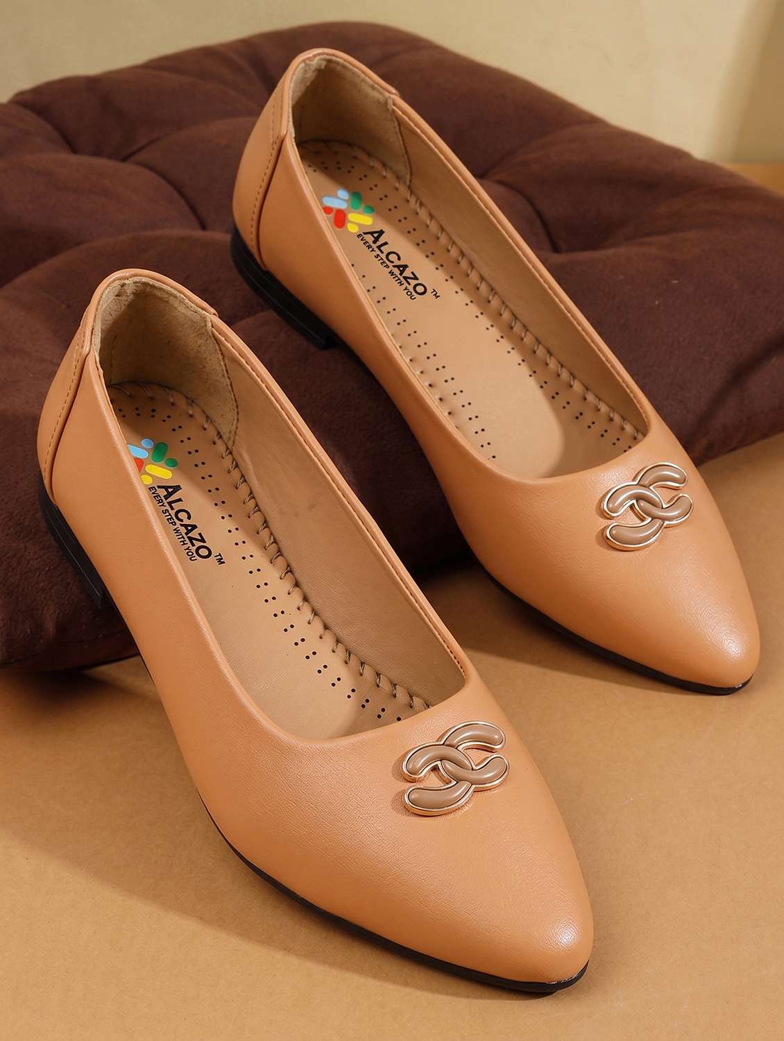 women tan slip on ballerina