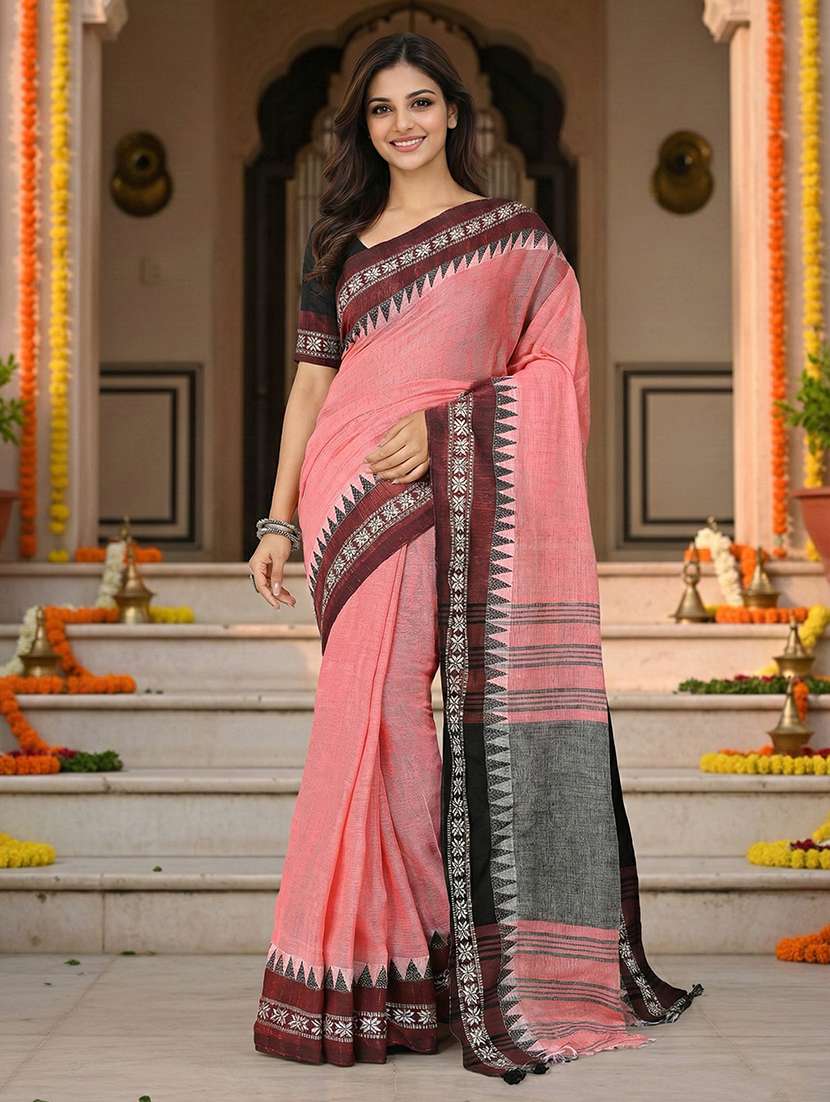women solid with bordered handloom saree with blouse
