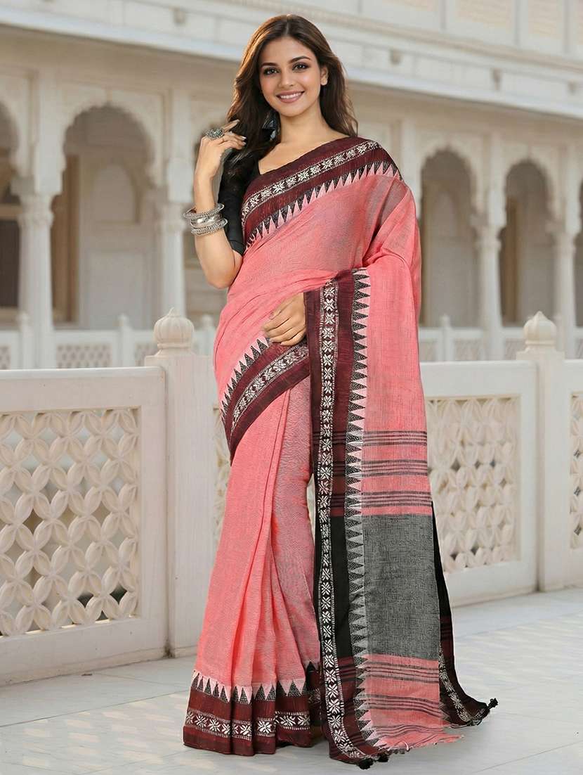 women solid with bordered handloom saree with blouse