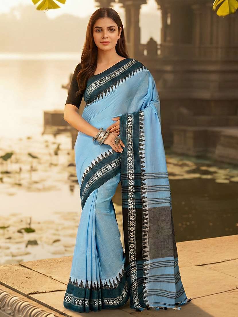 women solid with bordered handloom saree with blouse