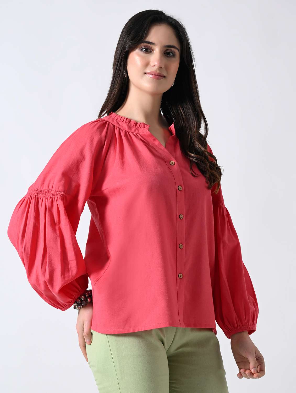 women solid bishop sleeves shirt - 22502614 -  Standard Image - 3