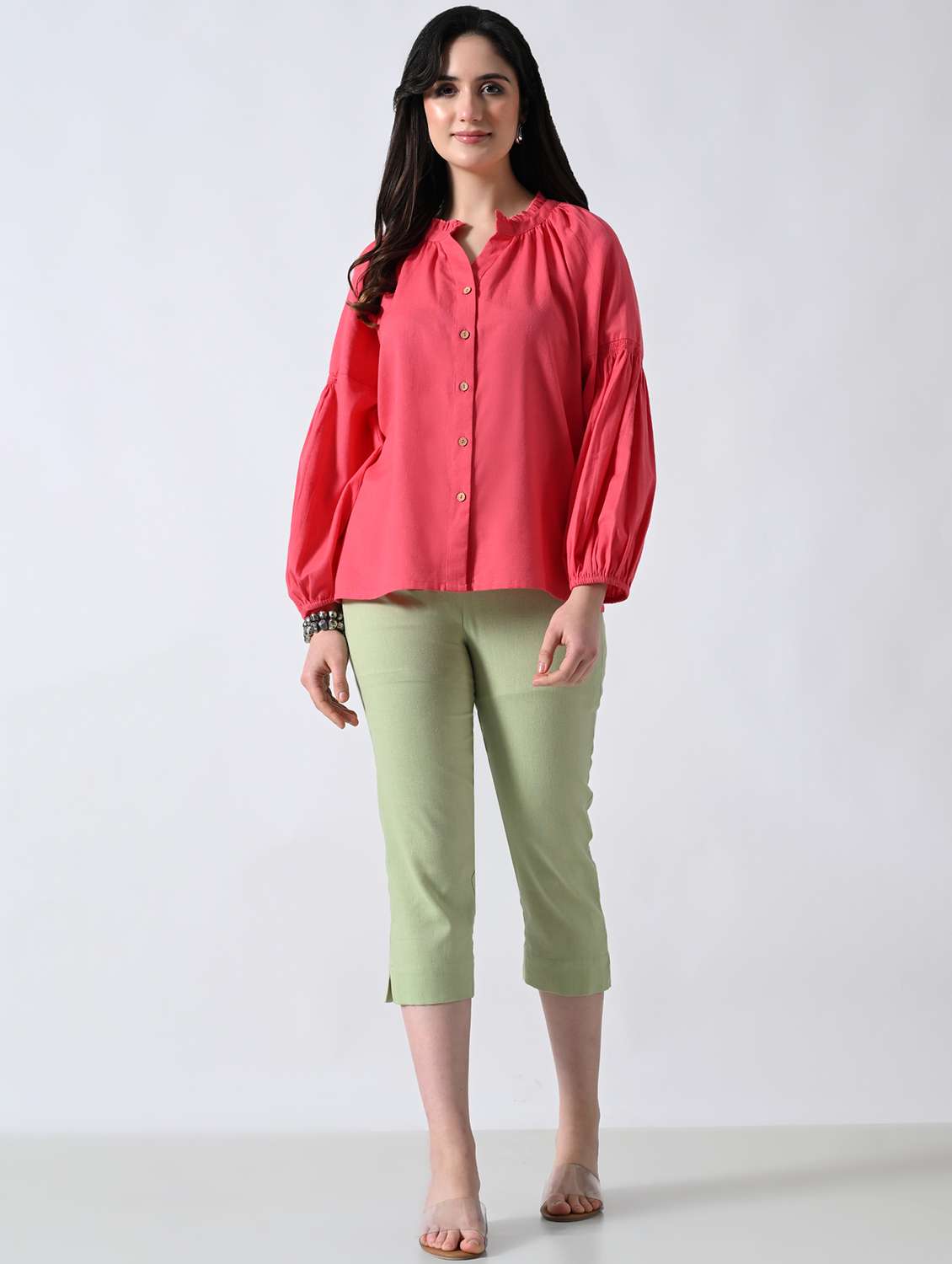 women solid bishop sleeves shirt - 22502614 -  Standard Image - 5