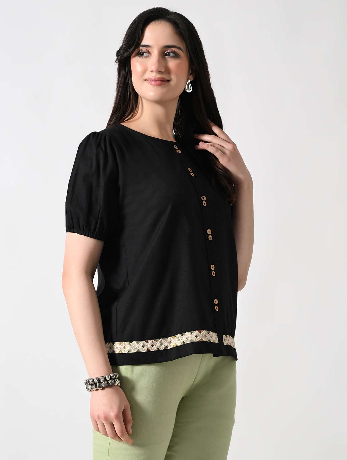 women solid puff sleeves round neck top - 22502615 -  Standard Image - 3