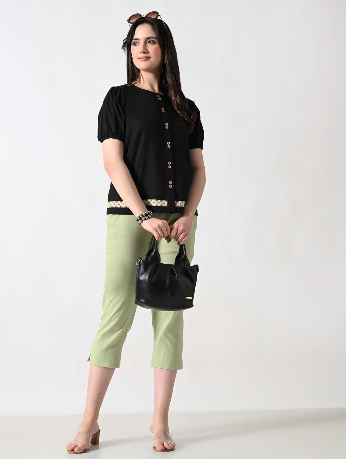 women solid puff sleeves round neck top - 22502615 -  Standard Image - 5