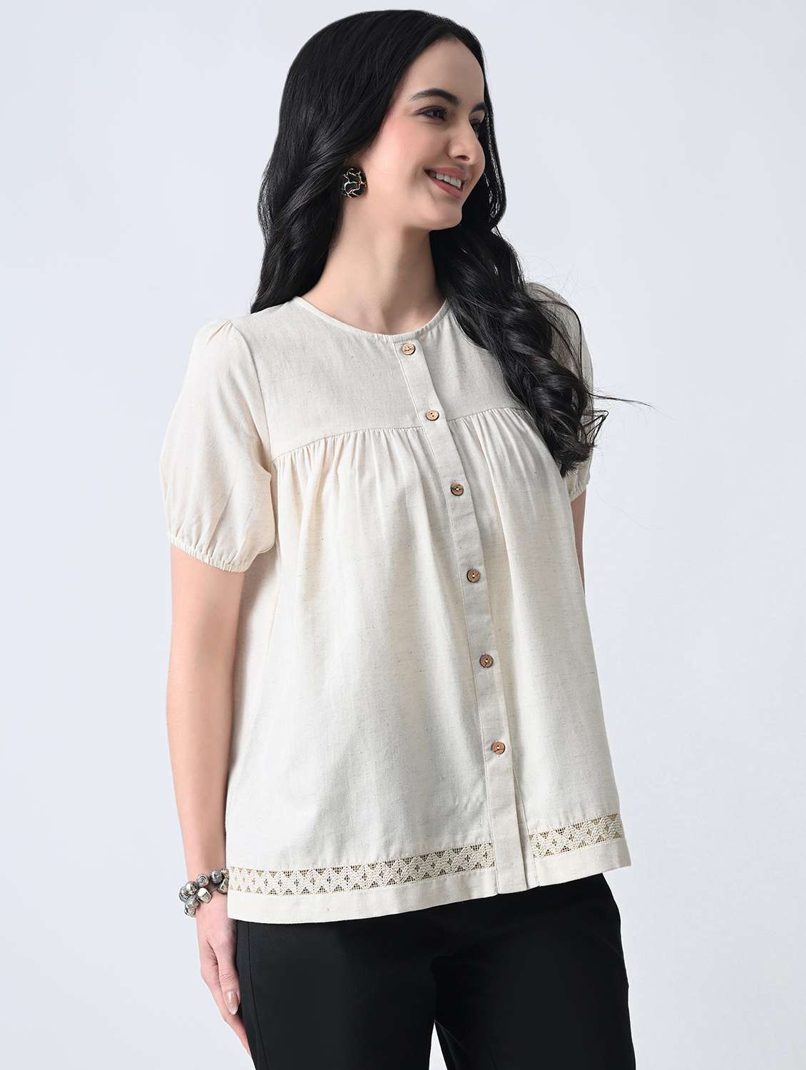 women solid round neck puff sleeves top - 22502617 -  Standard Image - 3