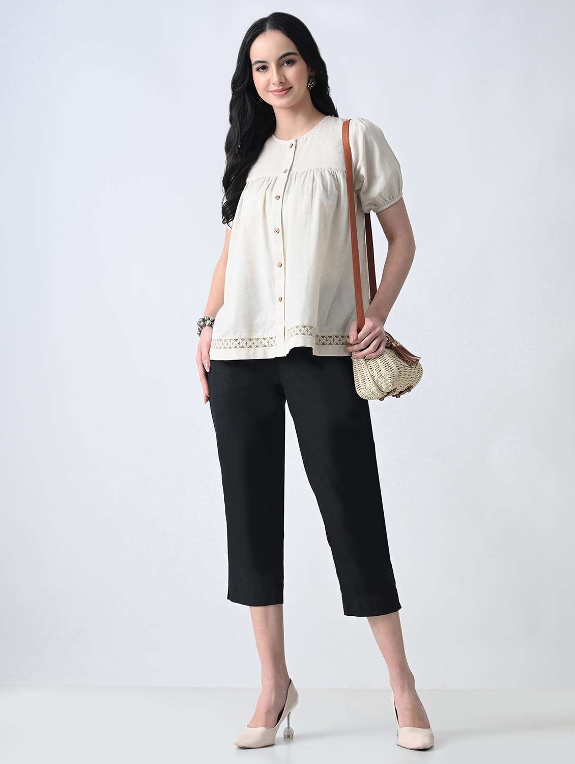 women solid round neck puff sleeves top - 22502617 -  Standard Image - 5
