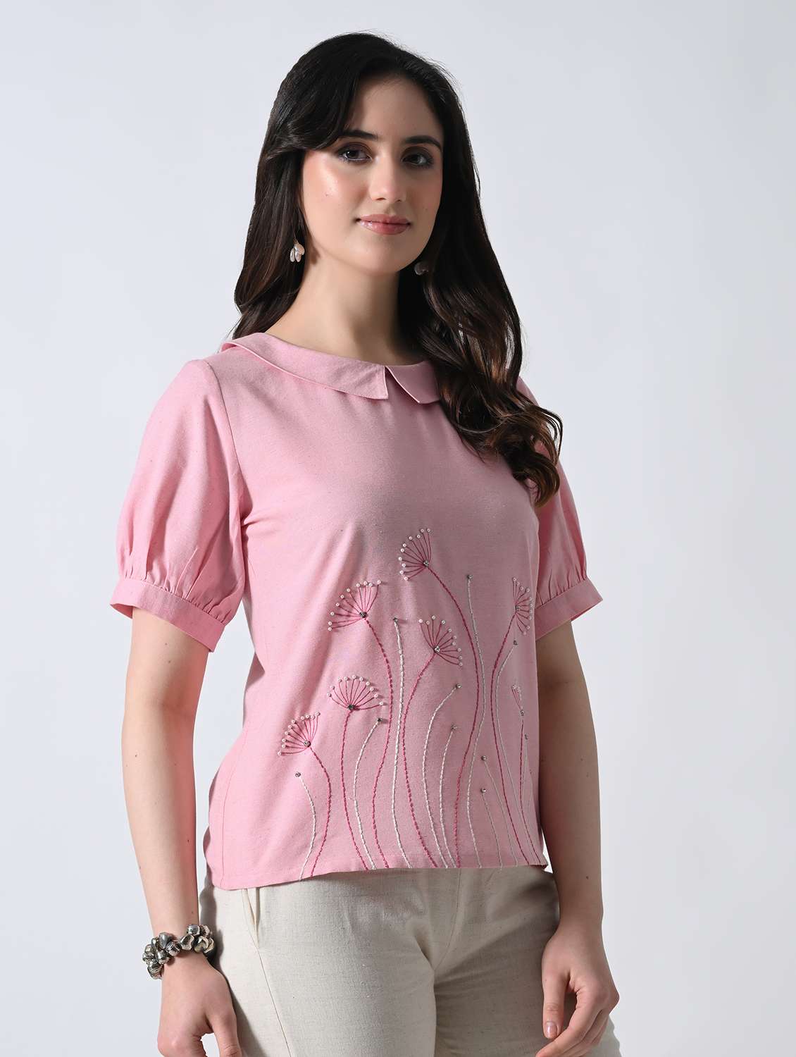 women embroidered peter pan collar top - 22502619 -  Standard Image - 3