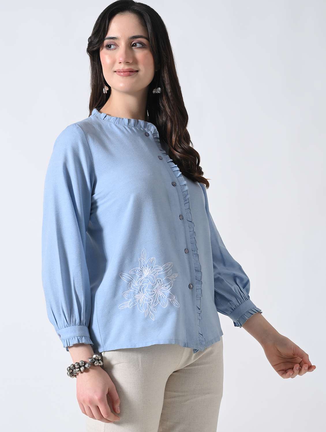 women solid round neck ruffle shirt - 22502620 -  Standard Image - 3