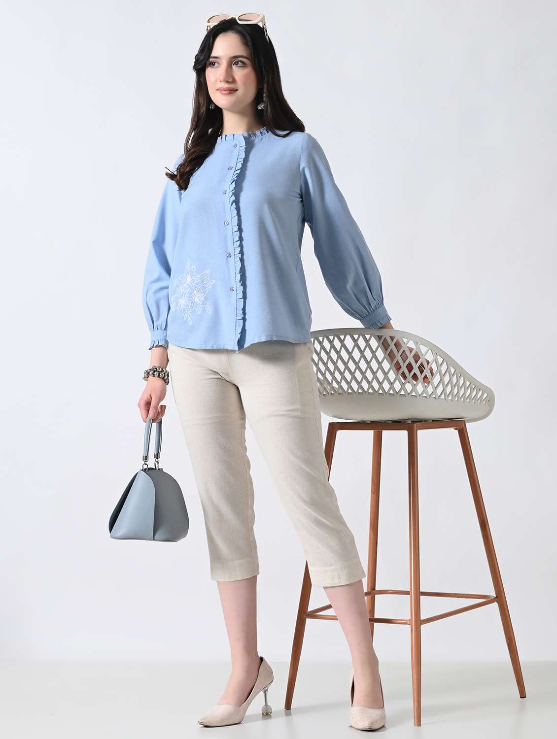 women solid round neck ruffle shirt - 22502620 -  Standard Image - 5