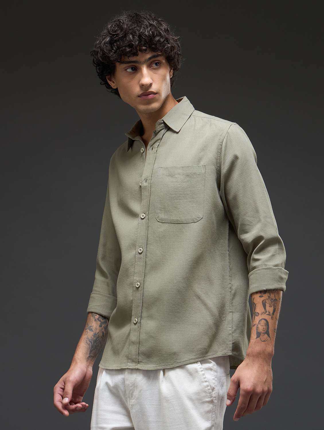olive cotton casual shirt - 22502630 -  Standard Image - 3