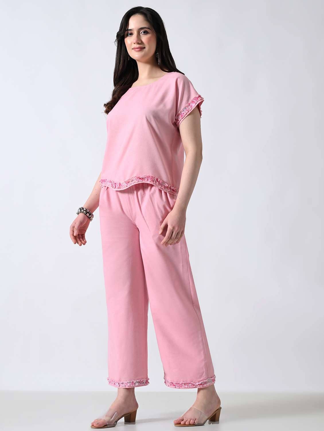women solid round neck top and palazzo co-ord set - 22502634 -  Standard Image - 3