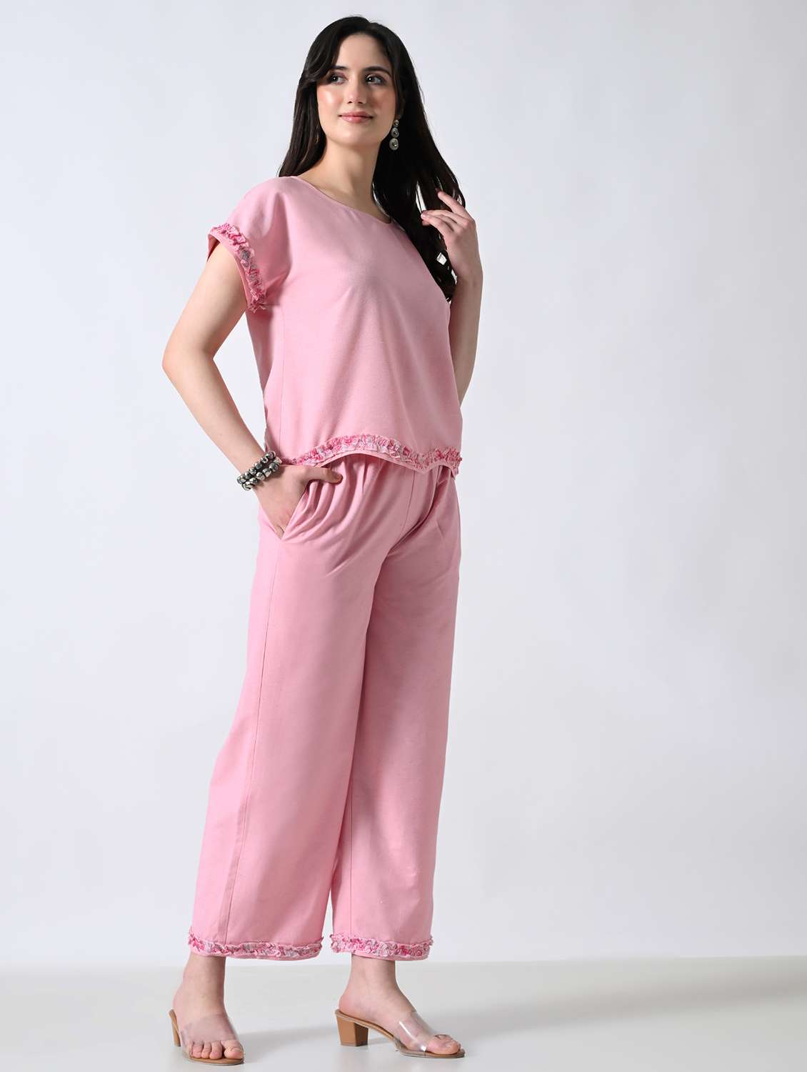 women solid round neck top and palazzo co-ord set - 22502634 -  Standard Image - 5