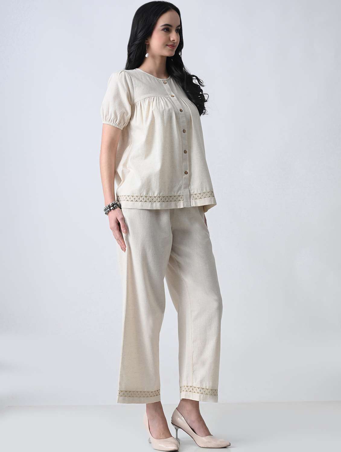 women solid round neck top and palazzo co-ord set - 22502635 -  Standard Image - 3