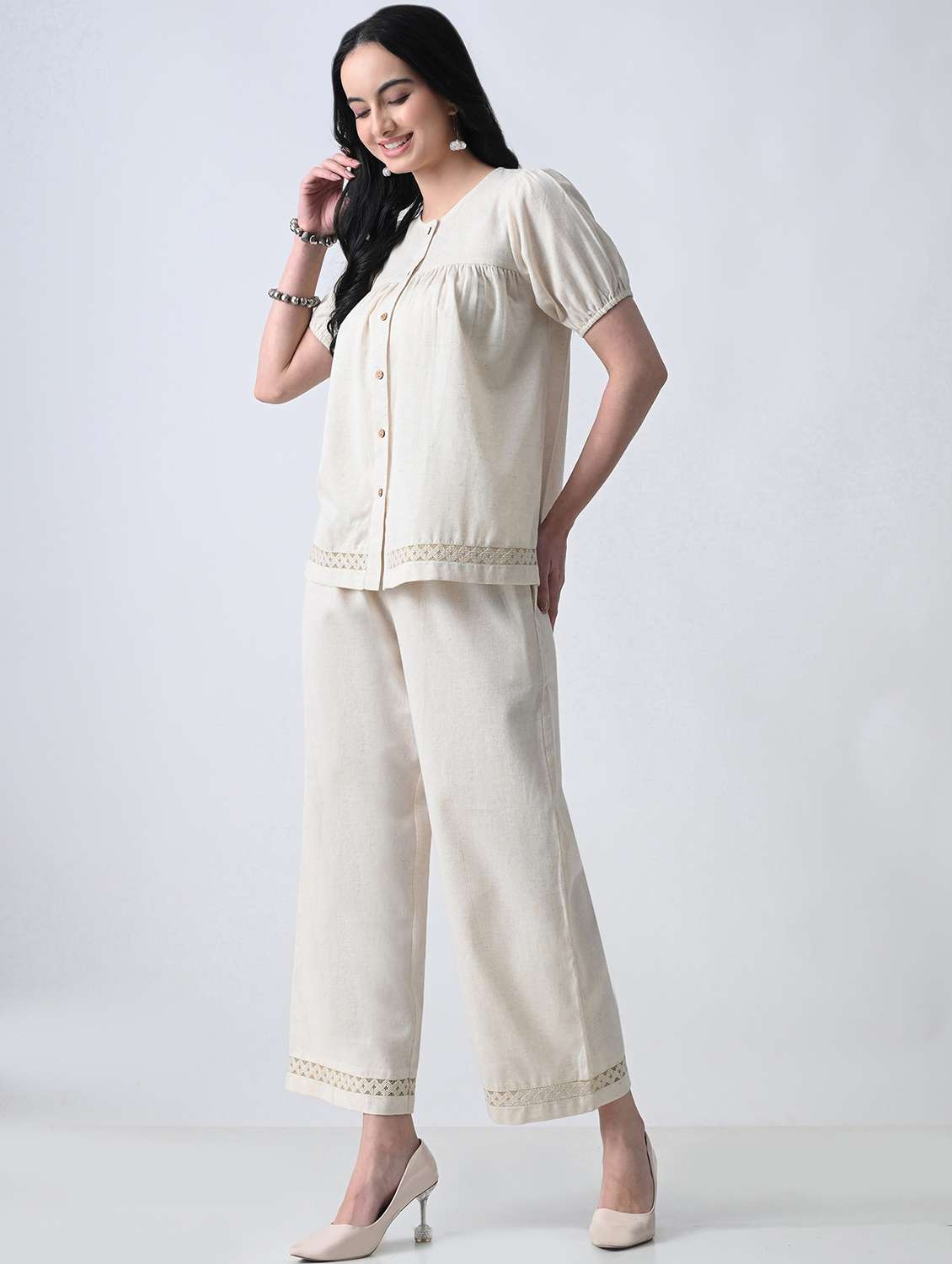 women solid round neck top and palazzo co-ord set - 22502635 -  Standard Image - 5